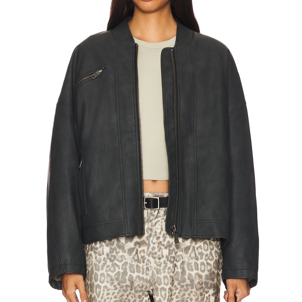 Free People Vinny Black Faux Leather Bomber Jacket